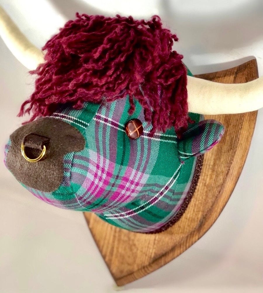 Handmade Highland cow trophy head, made in tartan and tweeds. Fabric cow's head,