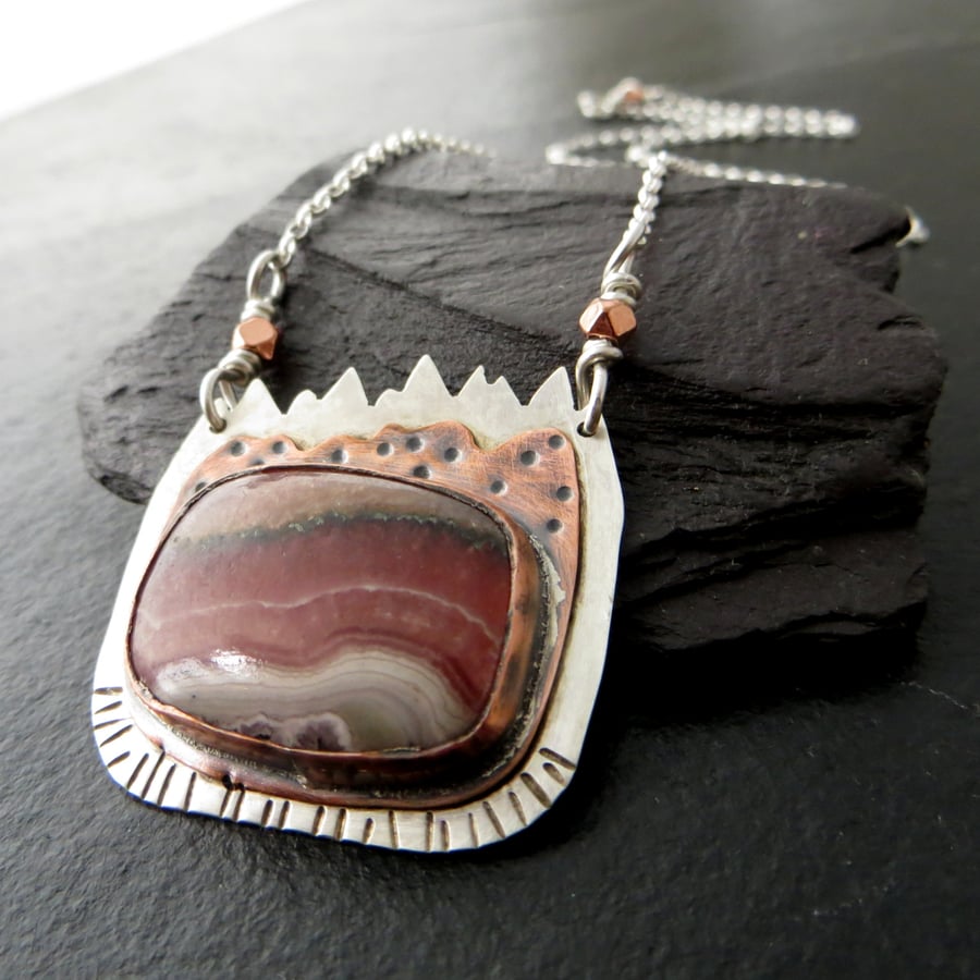 Rhodochrosite Pendant with Sterling Silver and Copper, Landscape Pendant