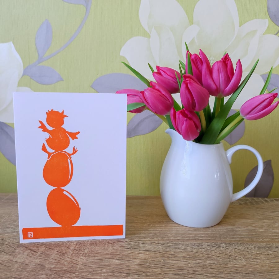 Happy Easter chick 3 Double Egg Luxury handmade linoprint greeting card orange