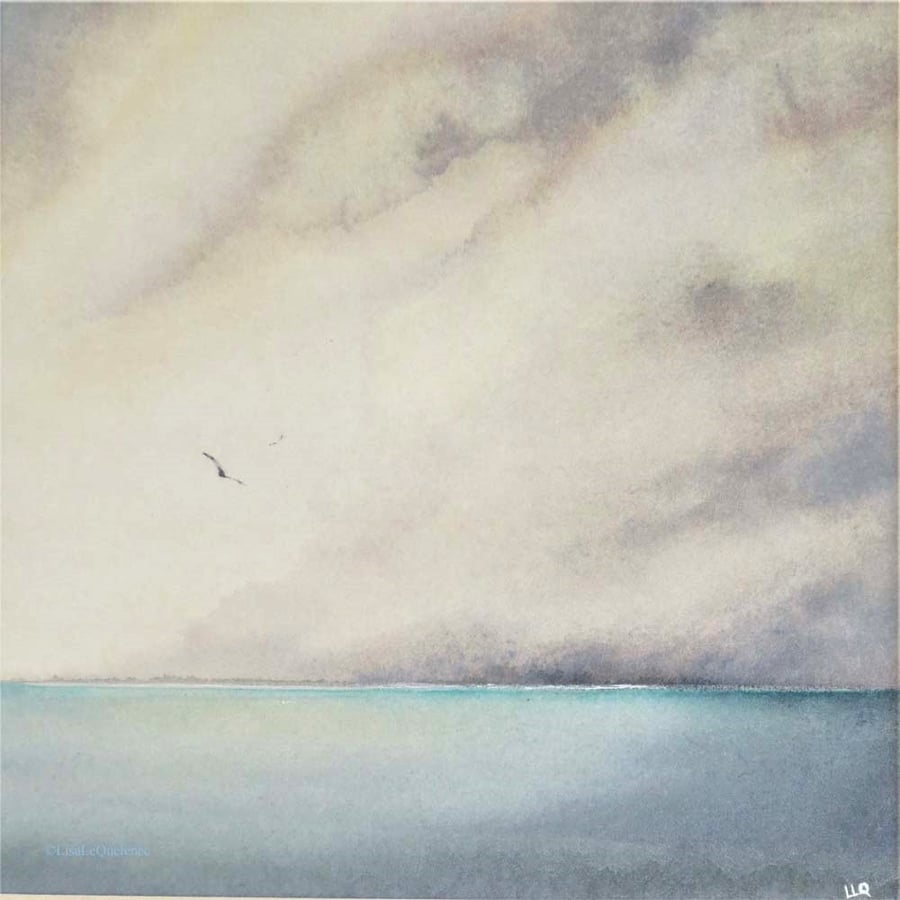Winter seascape in colourful greys minimalist sea and sky watercolour original 