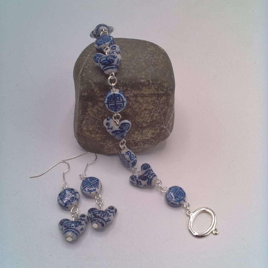 White with Blue Pattern Ceramic Chicken and Coin Bead Bracelet and Earrings Set