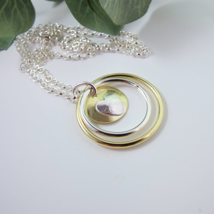 Love & Hugs Necklace, Sterling Silver and Brass Heart and Circles Fidget Pendant