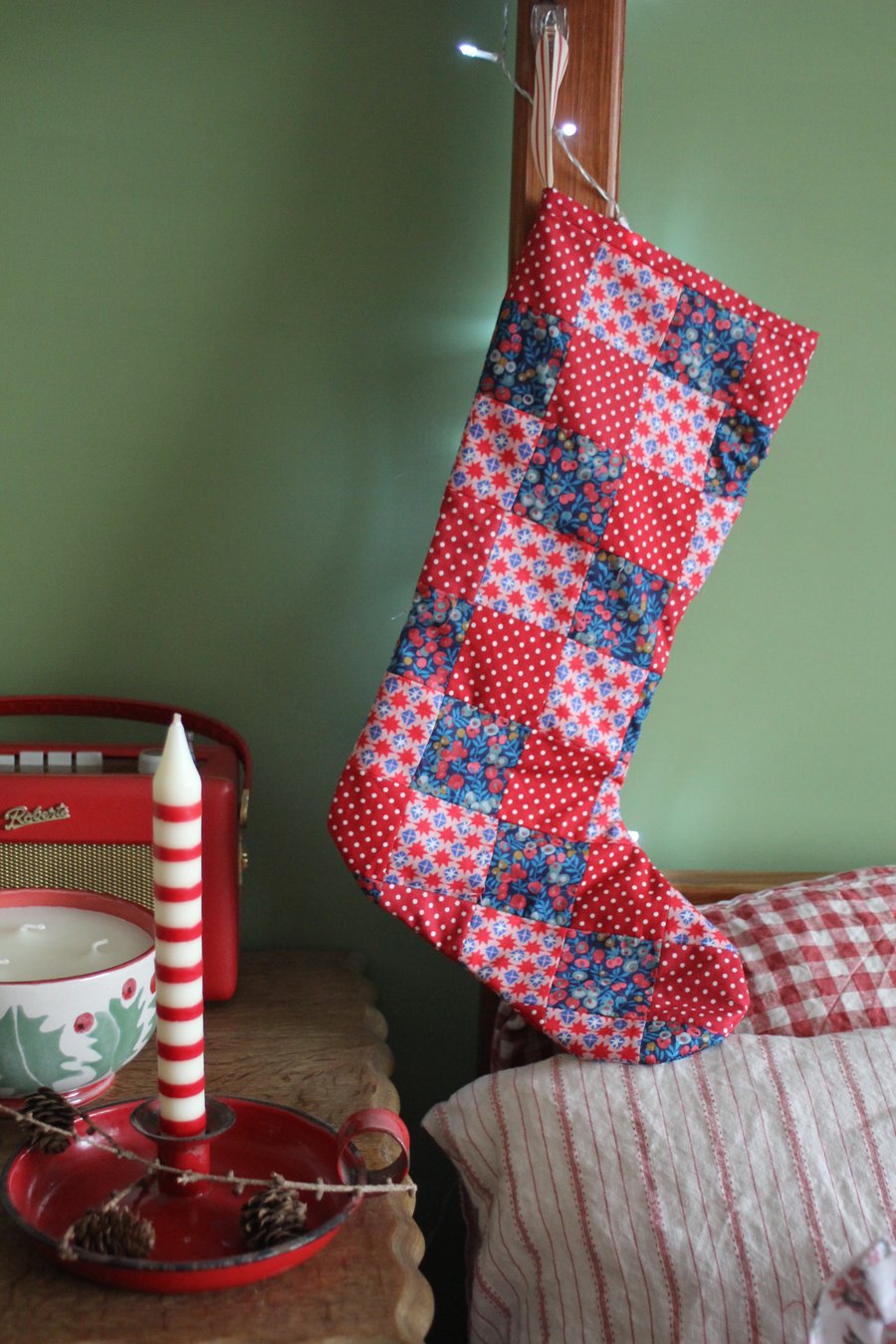 Patchwork stocking made from blue and red Liberty berry and star fabrics 