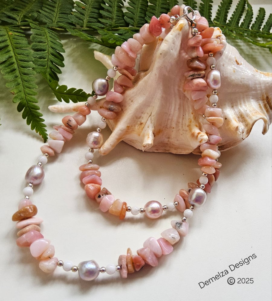 Quality Peruvian Pink Opal, Agate, Freshwater Pearl Sterling Silver Necklace