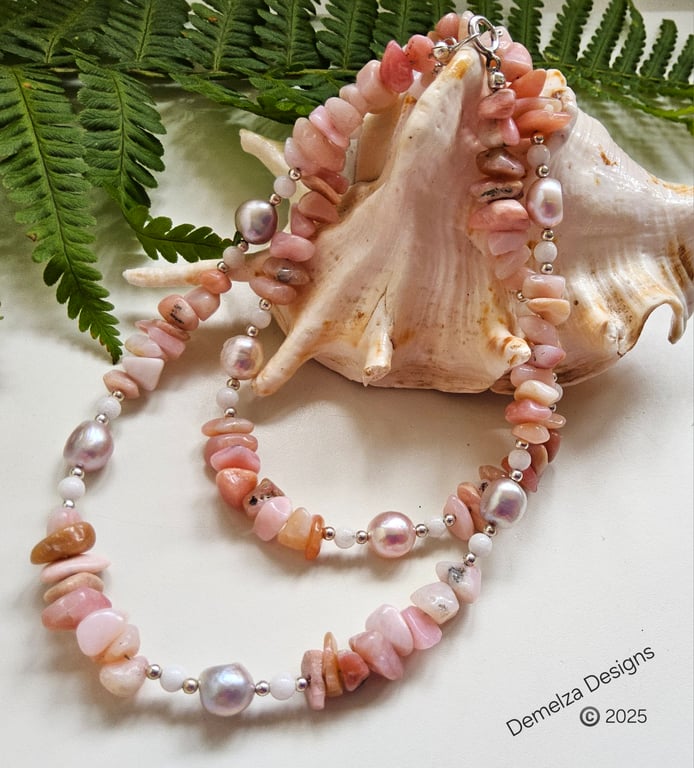 Quality Peruvian Pink Opal, Agate, Freshwater Pearl Sterling Silver Necklace