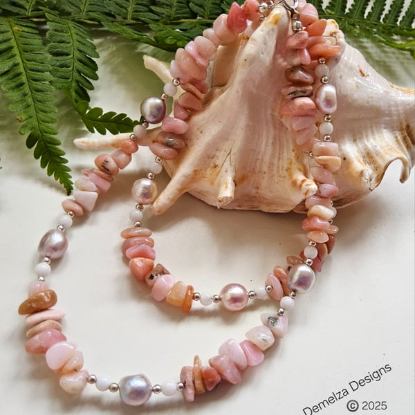 Quality Puruvian Pink Opal, Agate, Freshwater Pearl Sterling Silver Necklace