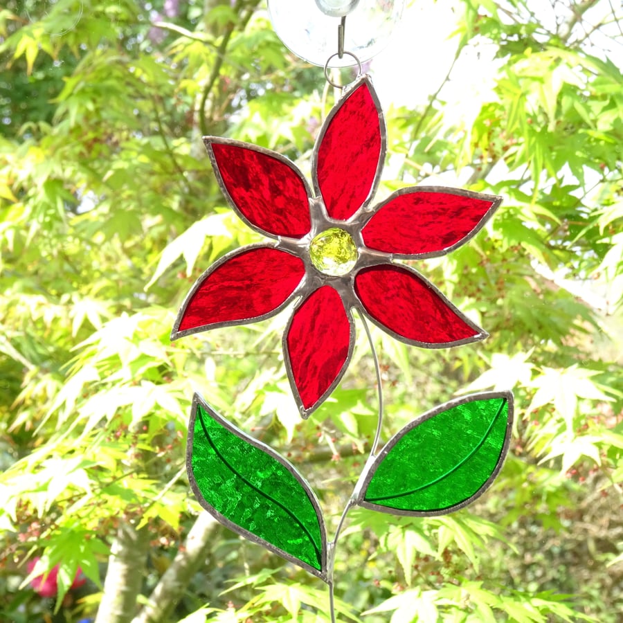Stained Glass Flower Suncatcher - Handmade Hanging Decoration Red