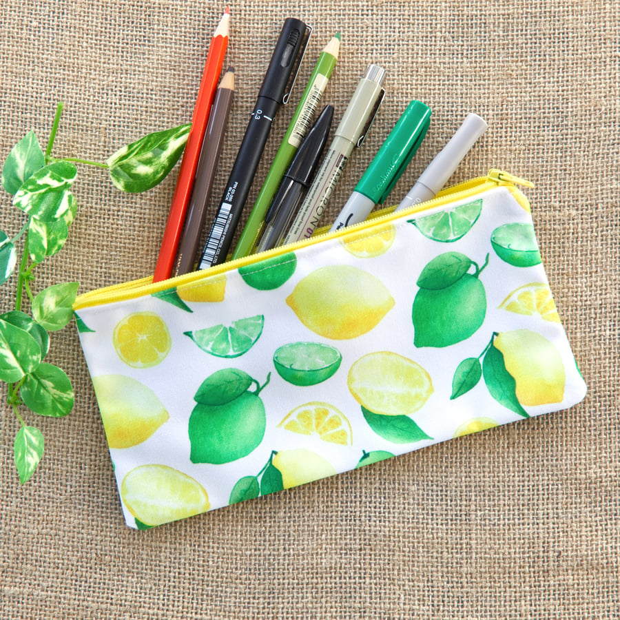 Watercolour Citrus Lemon and Lime Pattern Pencil Case Zipper Pouch