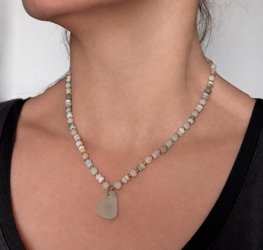 Seaglass and Amazonite delicate necklace  Ref R20