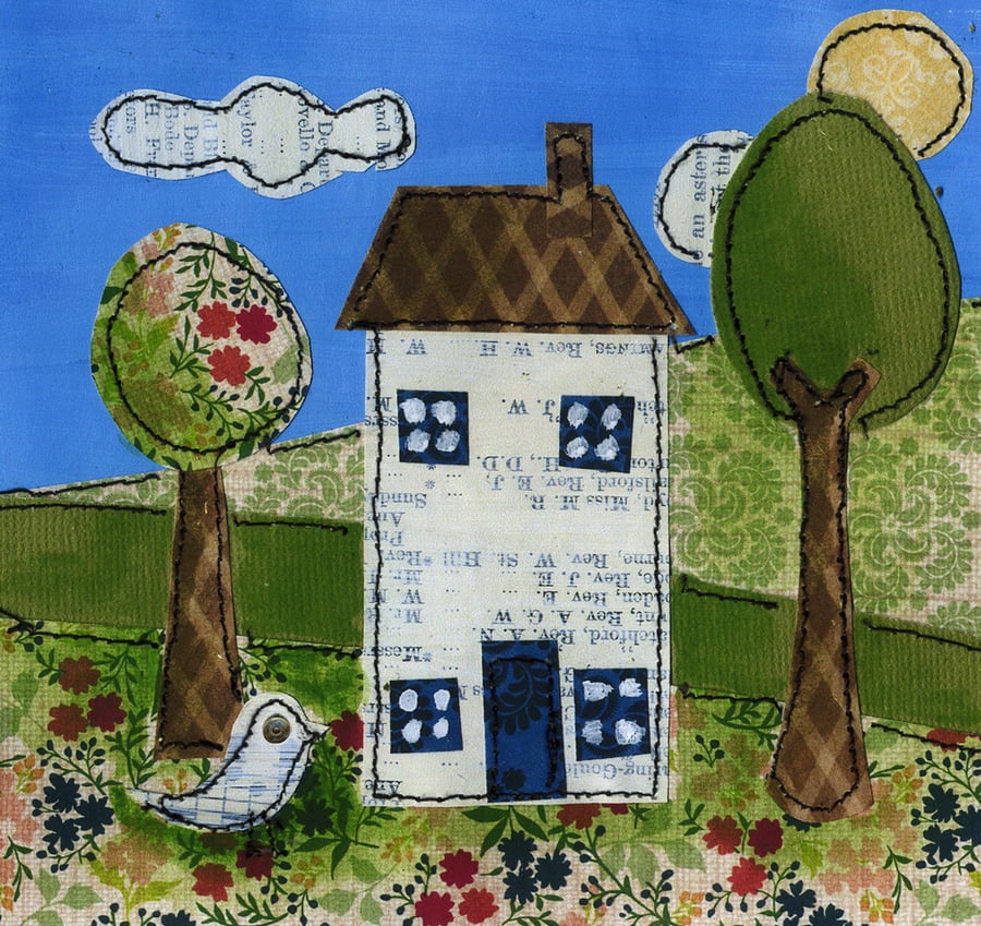 Woodland House Art Print With Stitching From Original Painting By Diane Taylor