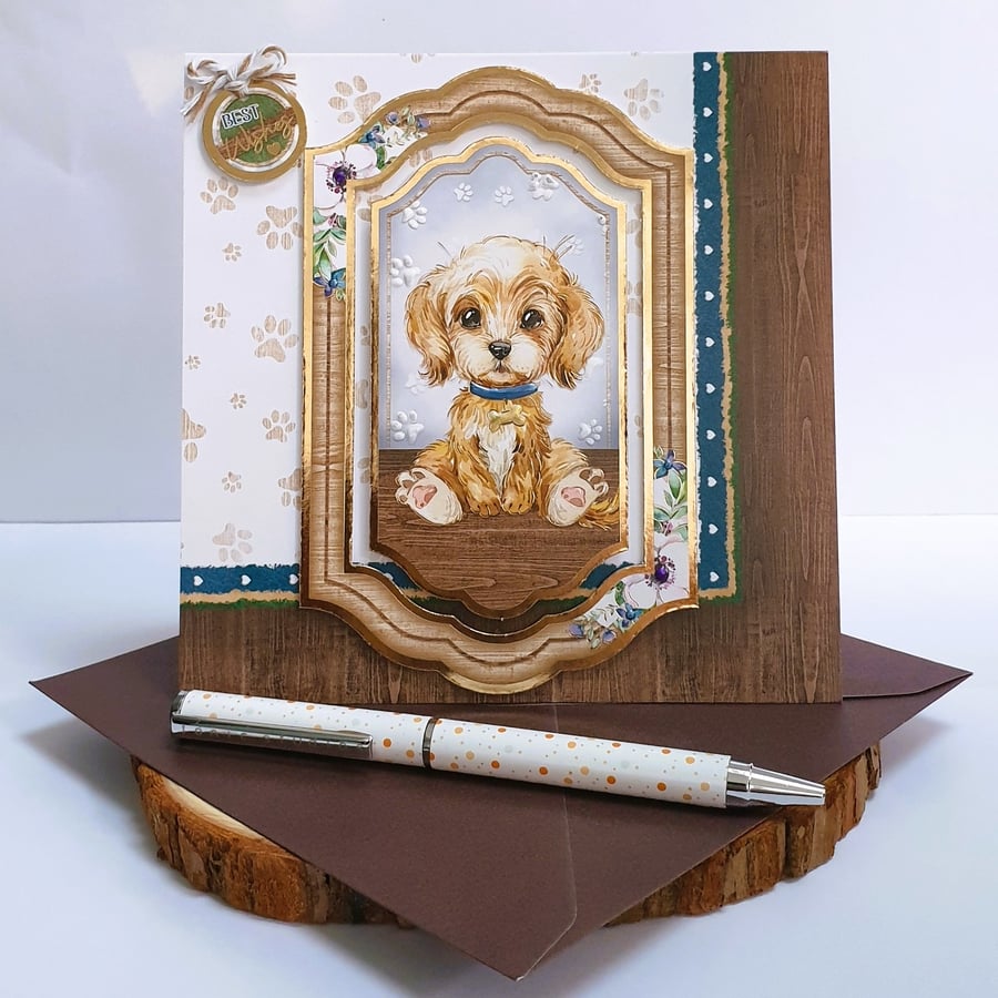 "Best Wishes" Greeting Card, Puppy Love, Brown-Beige, Square, Blank