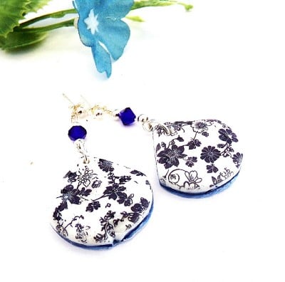 Dark Blue Floral and Crystal Earrings