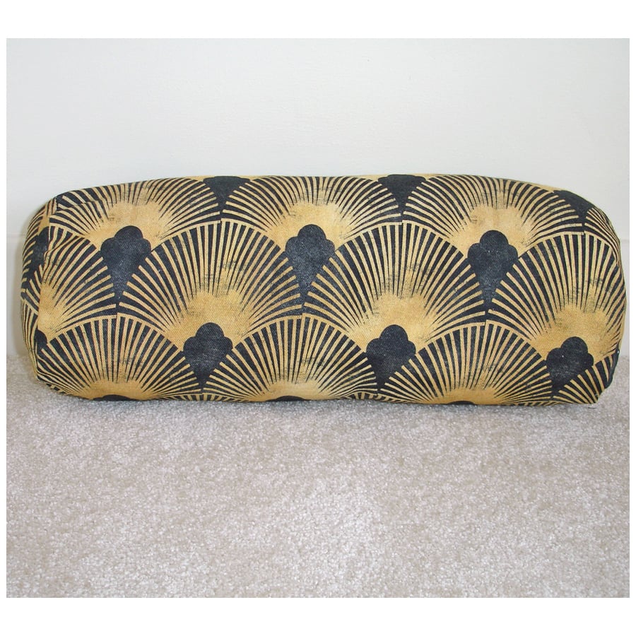 Art Deco Bolster Cushion Cover 16"x6" Round Black Gold Neck Roll Pillow Nouveau