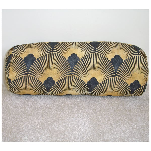 Art Deco Bolster Cushion Cover 16"x6" Round Black Gold Neck Roll Pillow Nouveau