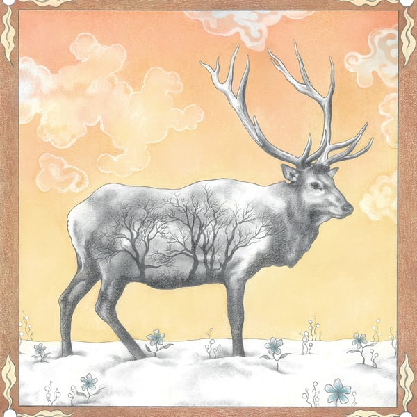 Stag art card - deer greeting card, elk art card 