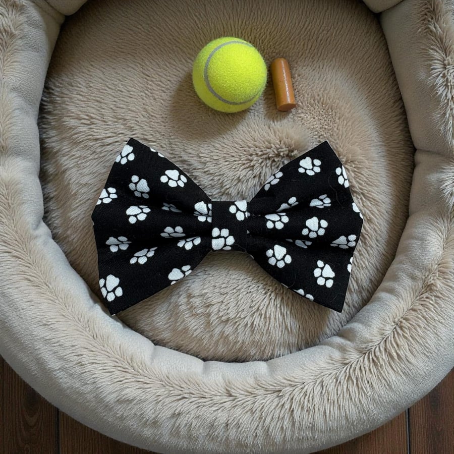 Black & White Paw Print Handmade Dog Bow Tie 