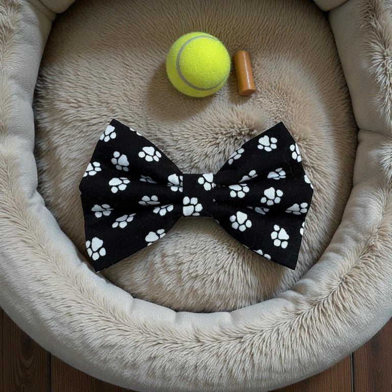 Black & White Paw Print Handmade Dog Bow Tie 