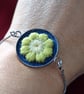 Boho Daisy Bezel Bracelet (Olive Green & White) on Denim with Adjustable Chain - Image 2