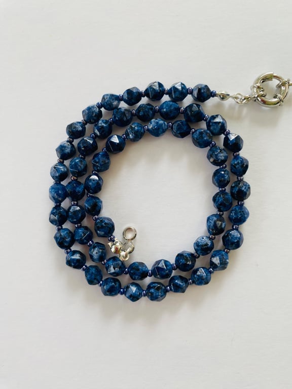 Dark blue spotted agate beaded necklace with stainless steel clasp