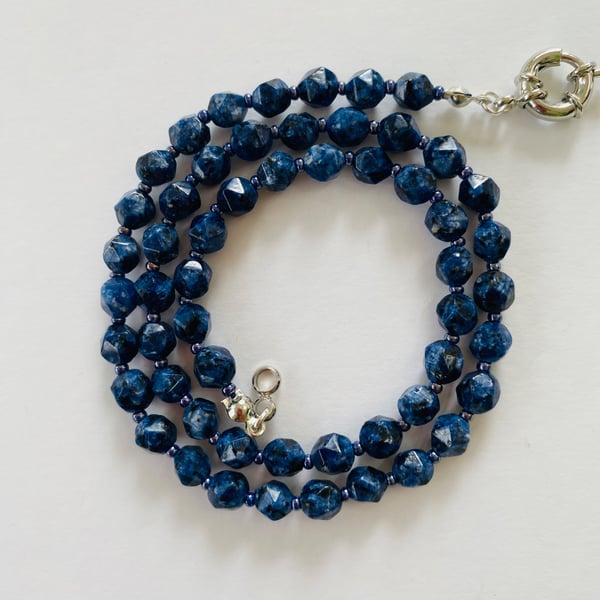Dark blue spotted agate beaded necklace with stainless steel clasp