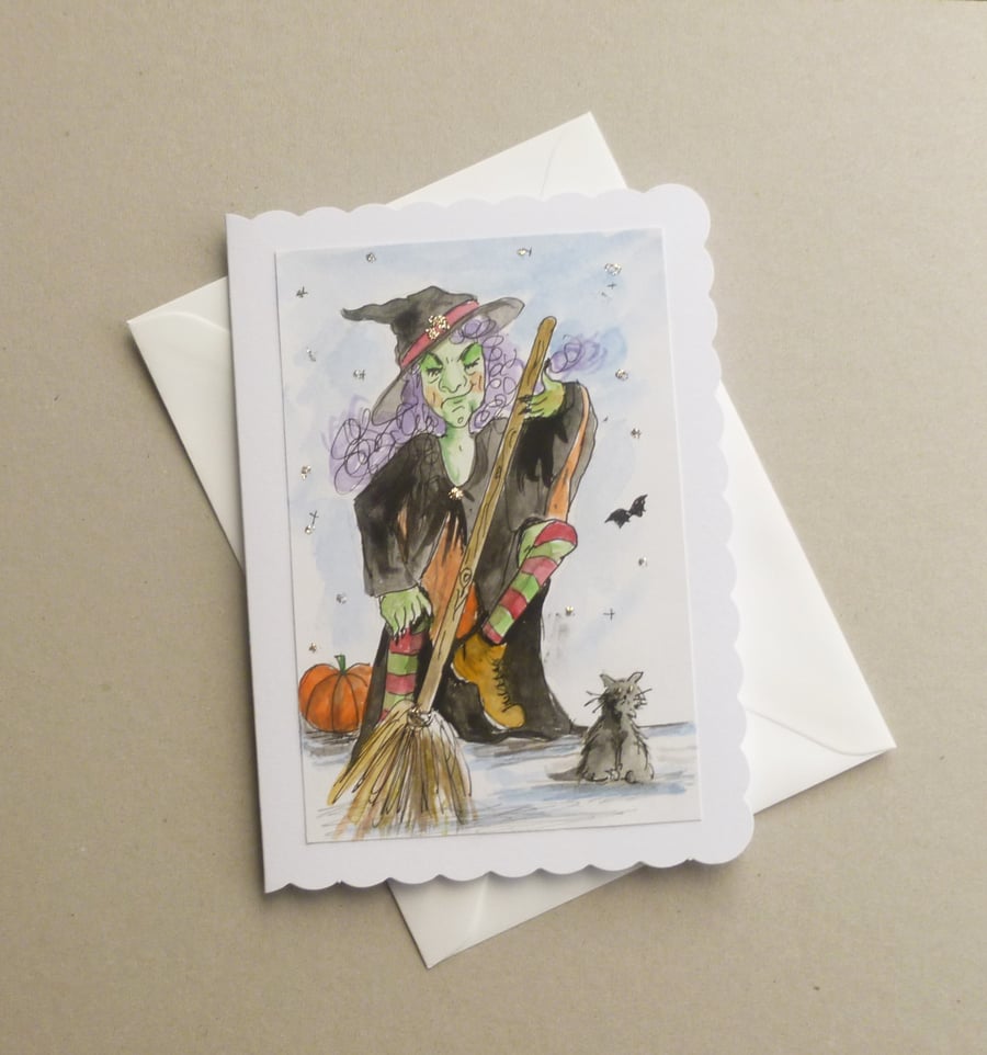 hand painted cartoon witch Halloween card ( ref F 656 B5)