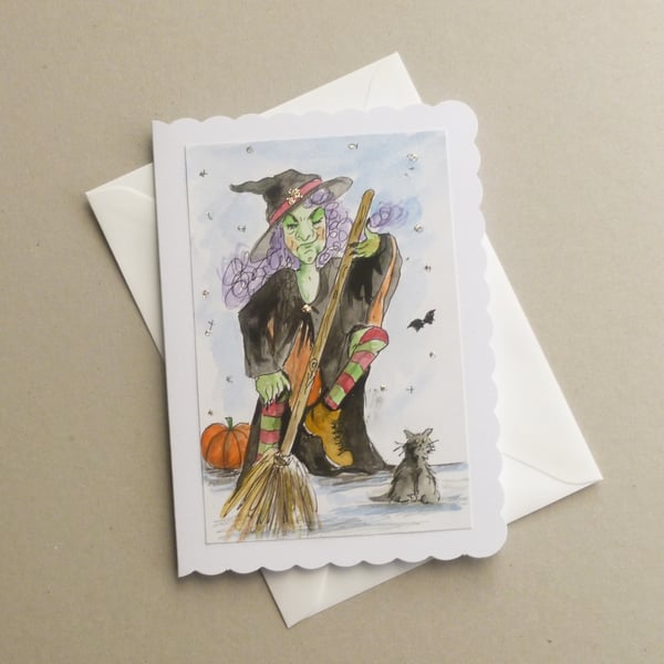 hand painted cartoon witch Halloween card ( ref F 656 B5)