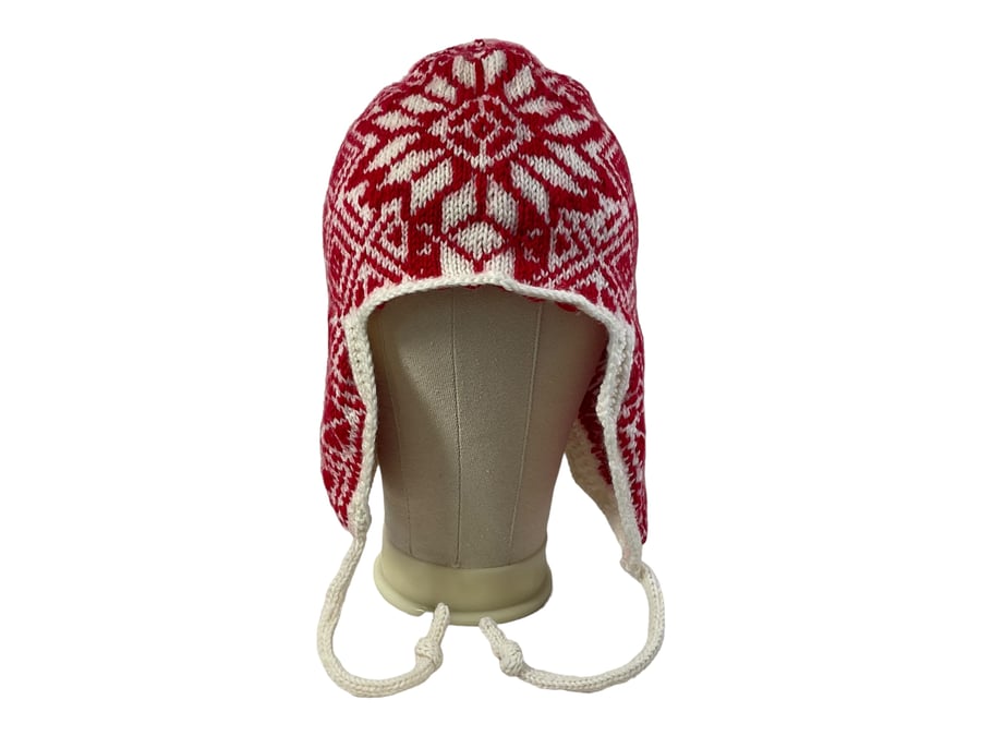 stranded red and white earflap hat, chullo hat, Andean wool unisex, warm winter
