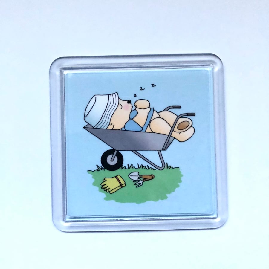 Drink Coaster With Bear Sleeping In Wheelbarrow