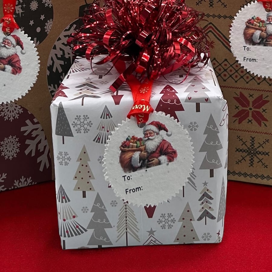 Set of Six Festive Santa Gift Tags on Plantable Wildflower Seeded Paper