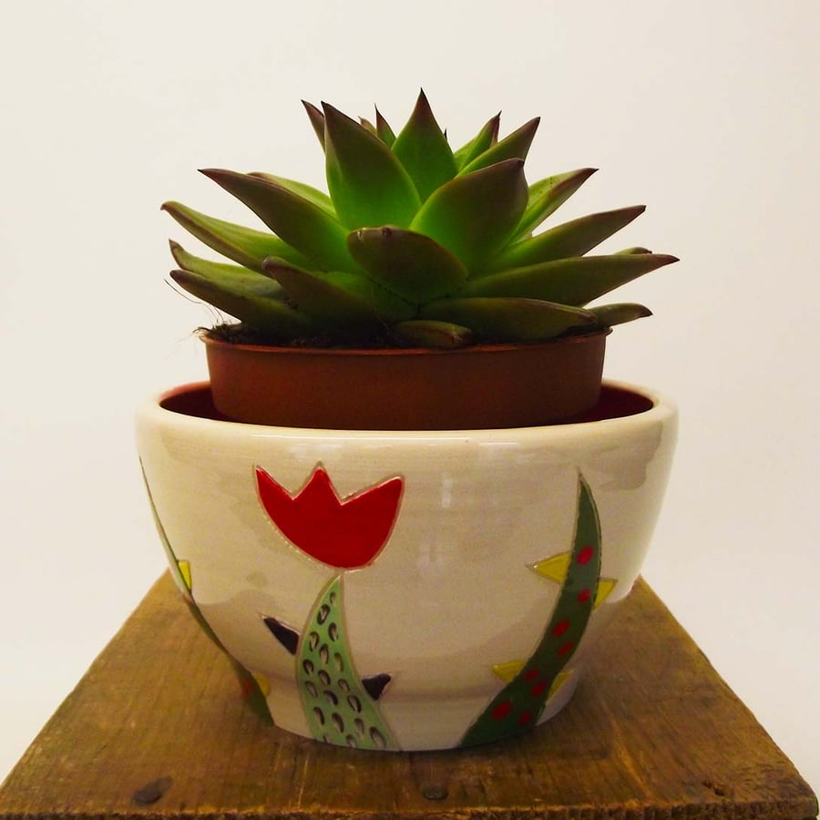 Ceramic hand thrown cactus decorated pot Pottery
