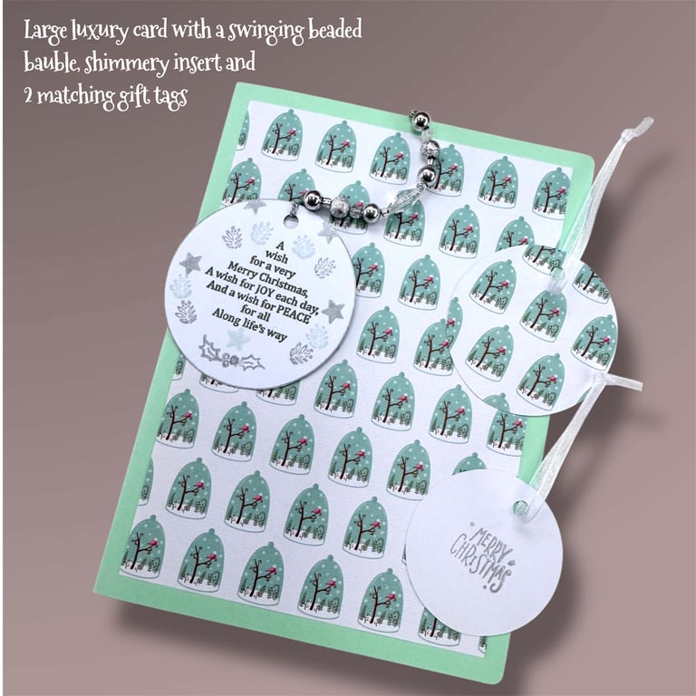 Christmas card and 2 gift tags,  charming winter magic, robins, hanging bauble 