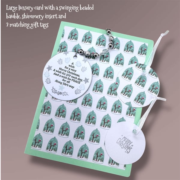 Christmas card and 2 gift tags,  charming winter magic, robins, hanging bauble 