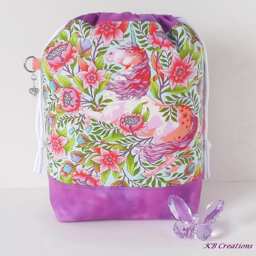 Project bag, drawstring bag, unicorns, floral