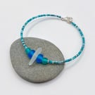 White Cornish Sea Glass Bracelet with Turquoise Mix Seed Beads 