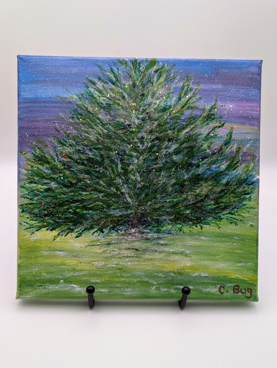 Tree in the Snow Mixed Media Acrylic Painting on Canvas with Resin & Glitter