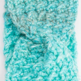 Handmade headband earwarmer textured with front twist crocheted turquoise