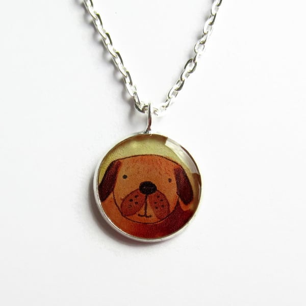 Cute Dog Necklace, Small Dog Watercolour Picture Pendant, Art in Resin, 18mm