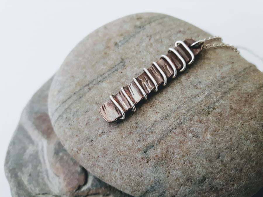 Hammered Copper Pendant, wrapped with Sterling Silver Wire