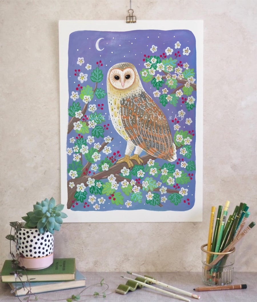 Image of Owl in Hawthorn Tree Art Print