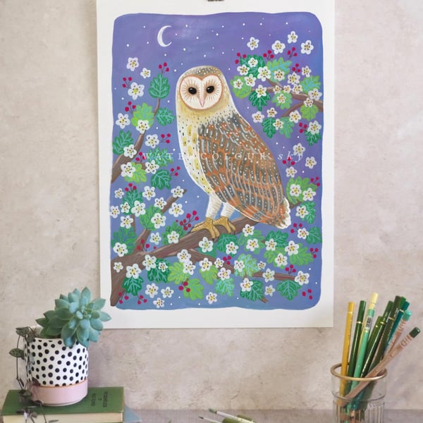 Owl in Hawthorn Tree Art Print
