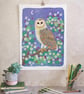 Owl in Hawthorn Illustrated Art Print
