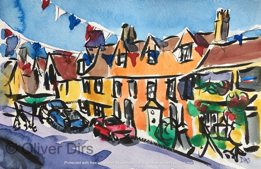 Corsham in Summer – original watercolour and ink painting, unframed