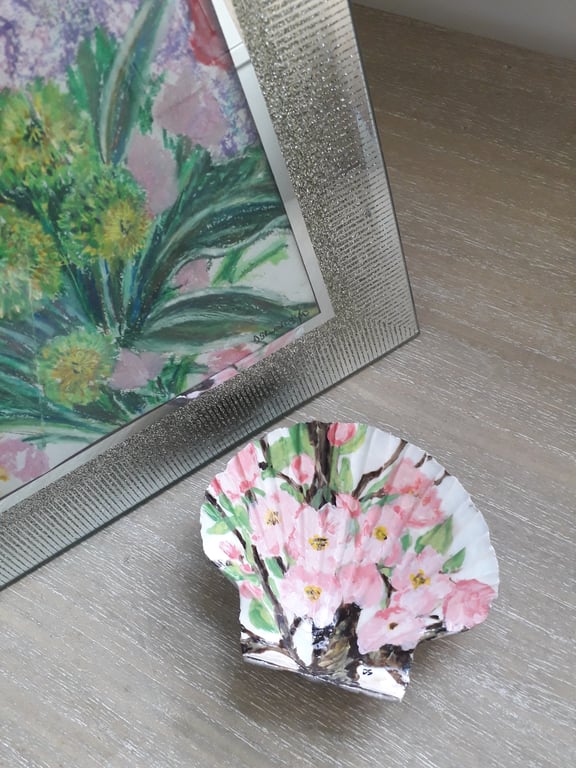 Handpainted "pink apple blossom" king scallop shell trinket dish