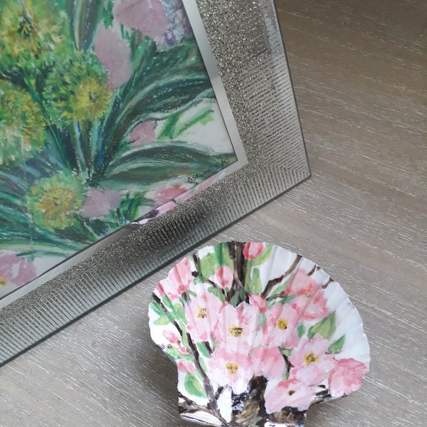 Handpainted "pink apple blossom" king scallop shell trinket dish