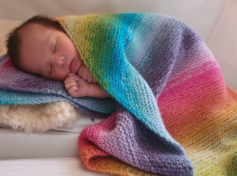 Pure alpaca baby rainbow blanket, hand knitted ombre infant shawl in pure alpaca