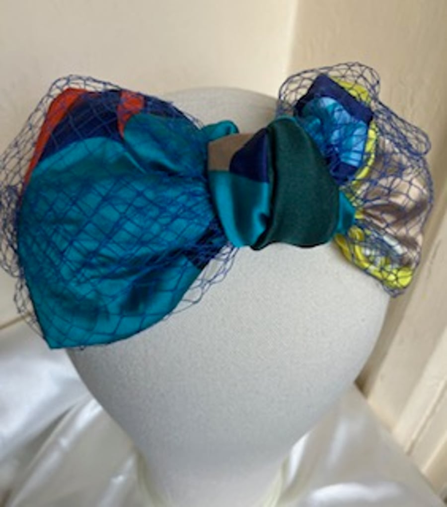 Blanche - Multi Print 40s Style Turban Headband with Blue Netting