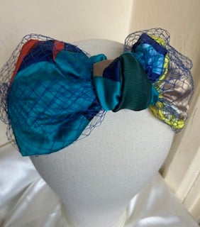 Blanche - Multi Print 40s Style Turban Headband with Blue Netting
