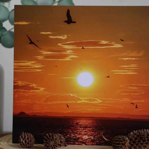 Freewheeling - Sunset Over Holy Island - Blank Greetings Card