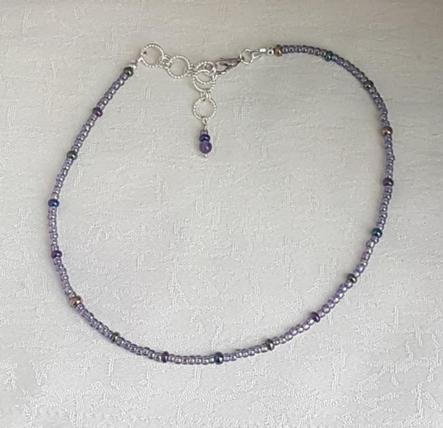 SALE - Pretty Purple Small Bead Choker Necklace.