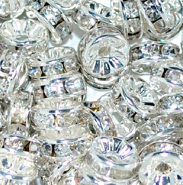 100pcs Silver Clear Rhinestone Rondelle Spacer Beads, 6mm, 8mm, 10mm